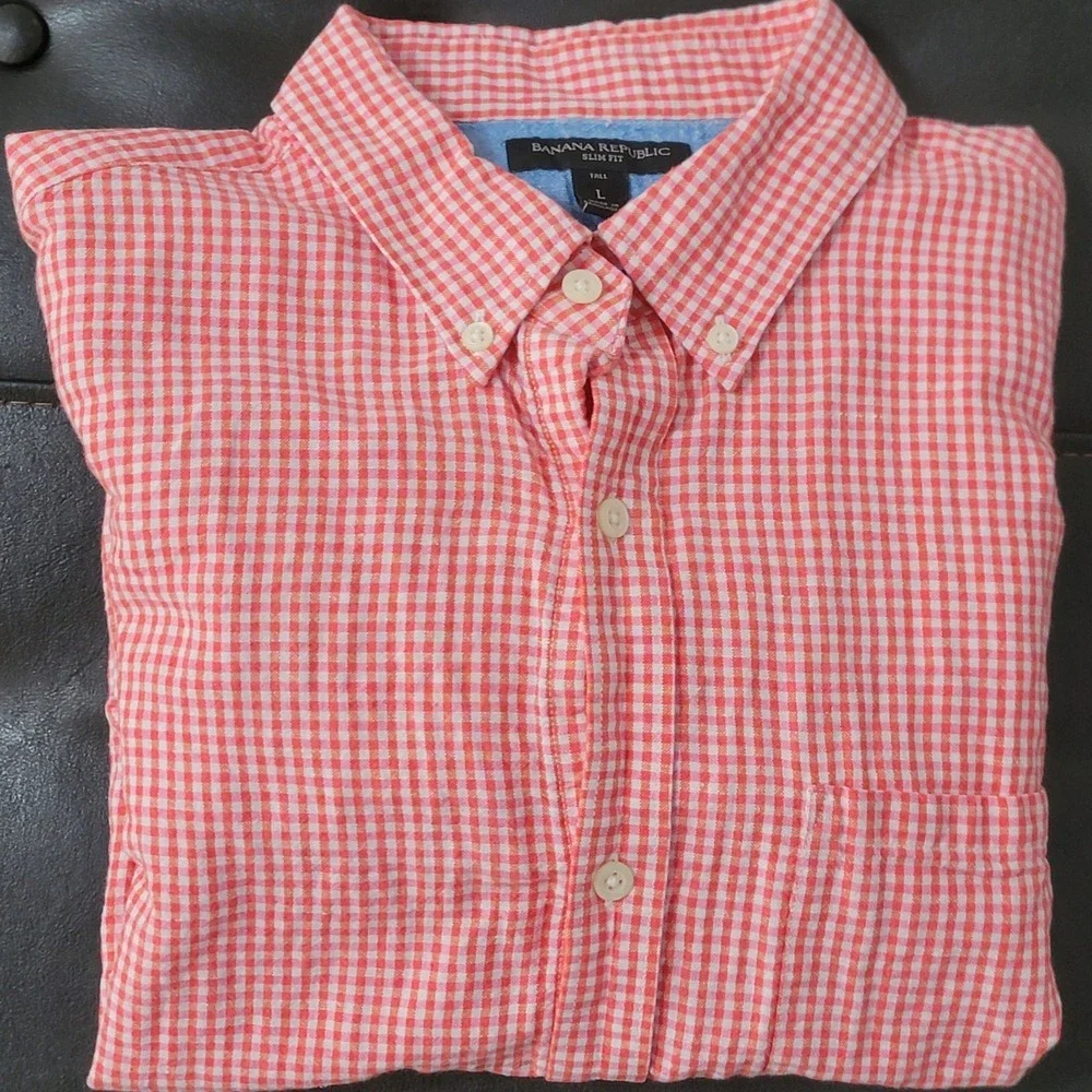 Banana Republic Mens Orange Linen Cotton Slim Fit Button Up Shirt Size L Tall